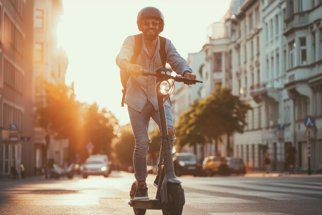 Un hombre viaja por la ciudad en un scooter eléctrico disfrutando de la libertad y la facilidad de viajar