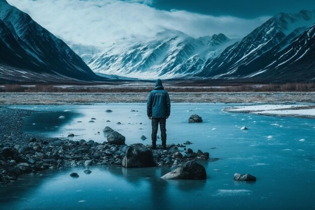 El hombre viajero se para frente a la foto de fondo de la cordillera