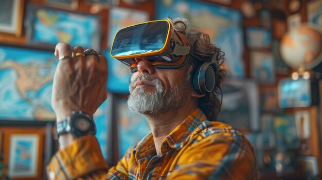 Hombre viajero maduro con gafas de realidad virtual en su habitación con mapas