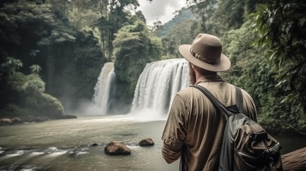 Un hombre, un viajero, mira una cascada en la jungla.