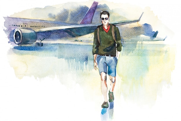 Hombre viajero que va del avión a la ilustración de acuarela del aeropuerto