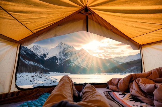 Hombre viajero relajándose dentro de una carpa amarilla con amanecer sobre Medicine Lake en invierno en el parque nacional Jasper