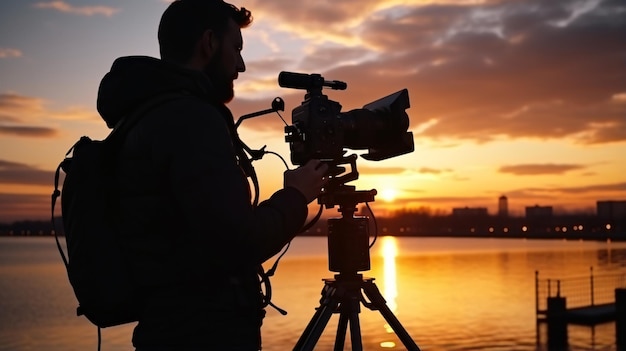 Un hombre videógrafo grabando imágenes con una cámara DSLR