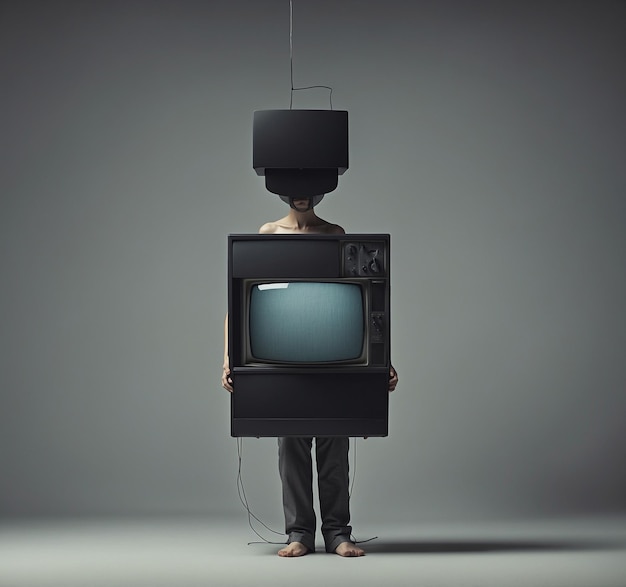 Hombre con vieja TV en fondo gris Concepto de adicción a la televisión Renderizado en 3D