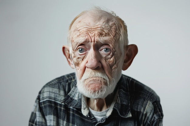 Foto hombre viejo con la boca hacia abajo en fondo blanco