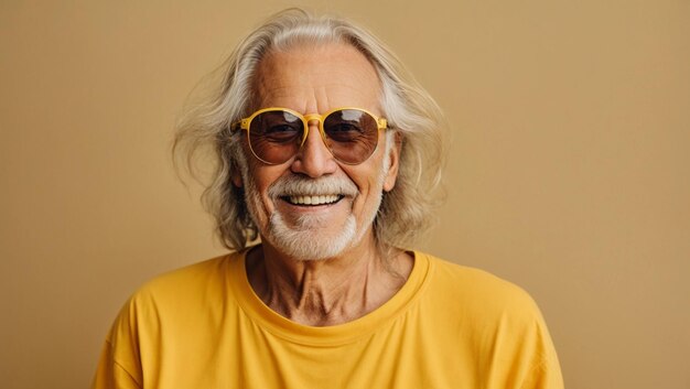 hombre viejo con el cabello largo senior en gafas de sol sonriendo y riendo usando camiseta amarilla brillante