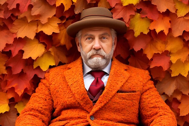 Foto hombre viejo con chaqueta naranja y sombrero concepto de colección de moda de otoño caballero anciano mostrando