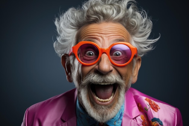 Hombre viejo cool y elegante con ropa de moda y gafas naranjas Retrato de abuelo feliz