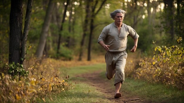 Foto hombre viejo corriendo en el bosque