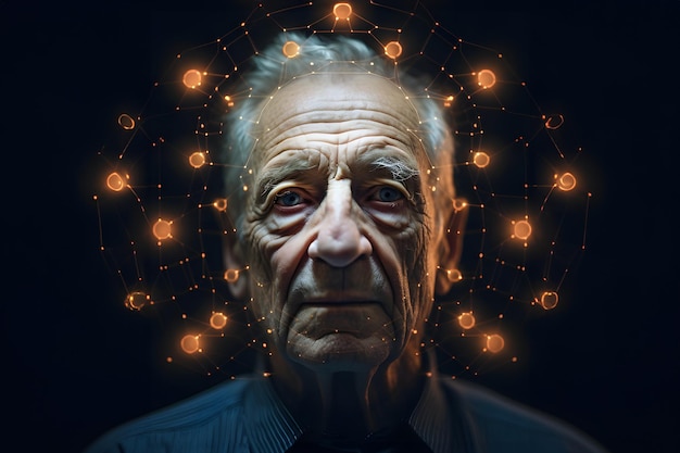 Hombre viejo con expresión concentrada con interfaces digitales proyectadas en su cara