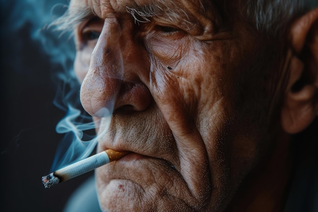 Hombre viejo fumando tabaco exhala humo de cigarrillo