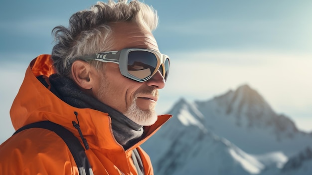 Hombre viejo con gafas de esquí y equipo mira hacia el lado contra el telón de fondo de un paisaje montañoso invernal soleado