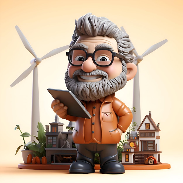 Hombre viejo con un libro y turbinas eólicas ilustración 3D