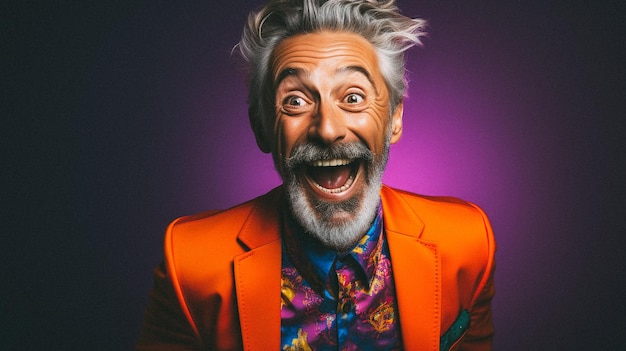 Hombre viejo y a la moda sonriendo estudio entusiasta fondo de colores vívidos