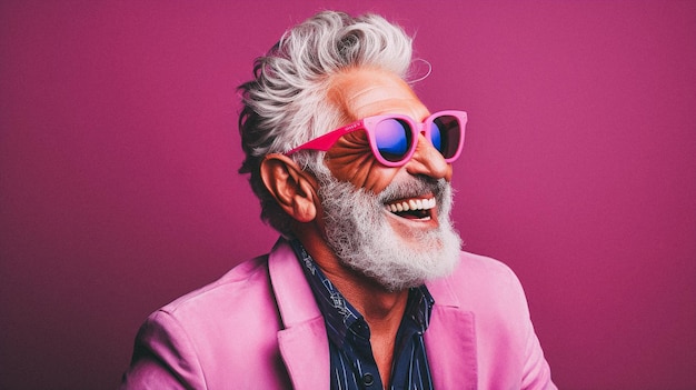 Hombre viejo y a la moda sonriendo estudio entusiasta fondo de colores vívidos