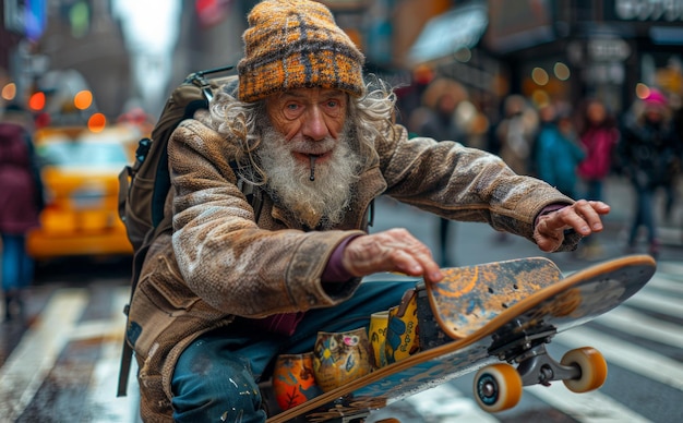 Foto hombre viejo montando en patineta en una concurrida calle de la ciudad