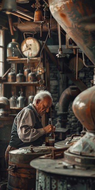 hombre viejo en un museo con un reloj en la pared