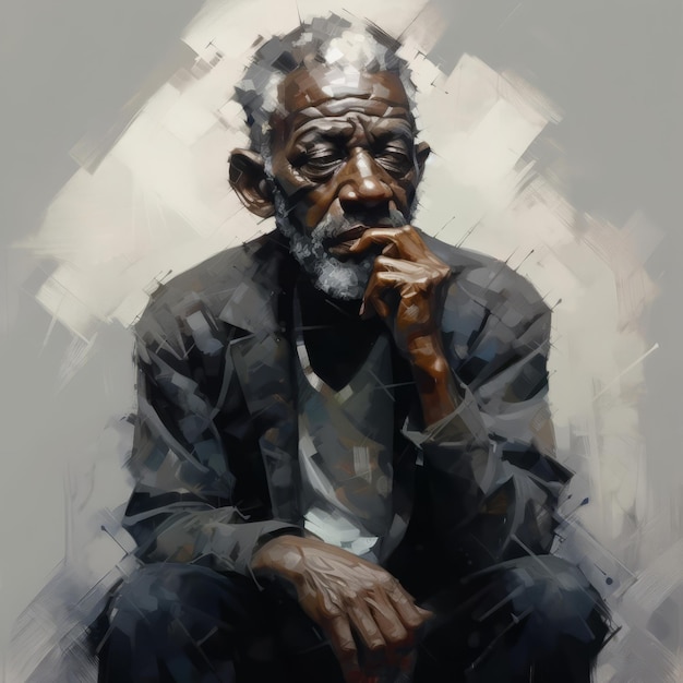 Hombre viejo negro en pensamiento y dudas ilustración pintada al óleo personaje masculino con rostro soñador en fondo abstracto Ai generó un cartel brillante de lienzo acrílico