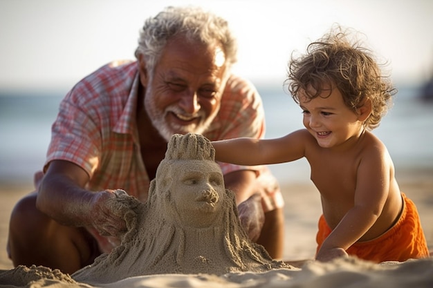 Hombre viejo y niño jugando a la arena en la playa en un soleado día de verano generado con IA