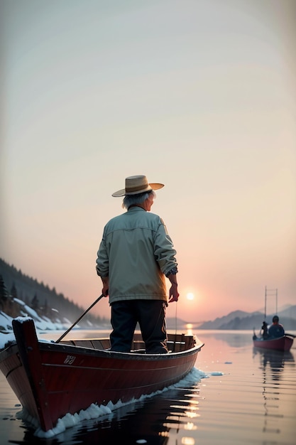 Hombre viejo pescando en un barco con casas árboles bosques y montañas cubiertas de nieve por el río