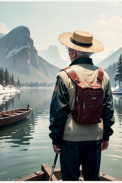 Hombre viejo pescando en un barco con casas árboles bosques y montañas cubiertas de nieve por el río