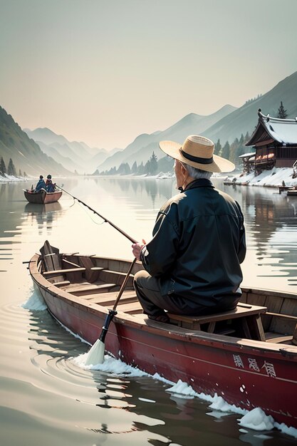 Hombre viejo pescando en un barco con casas árboles bosques y montañas cubiertas de nieve por el río