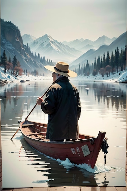 Hombre viejo pescando en un barco con casas árboles bosques y montañas cubiertas de nieve por el río