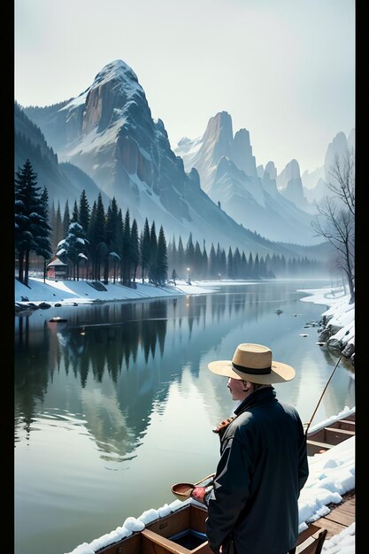 Hombre viejo pescando en un barco con casas árboles bosques y montañas cubiertas de nieve por el río