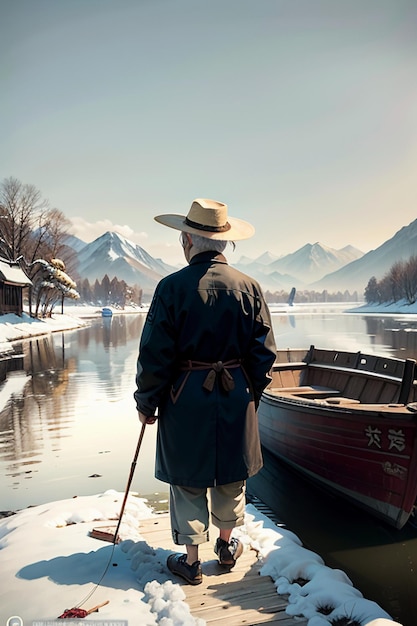 Hombre viejo pescando en un barco con casas árboles bosques y montañas cubiertas de nieve por el río