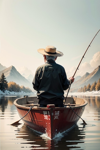 Hombre viejo pescando en un barco con casas árboles bosques y montañas cubiertas de nieve por el río