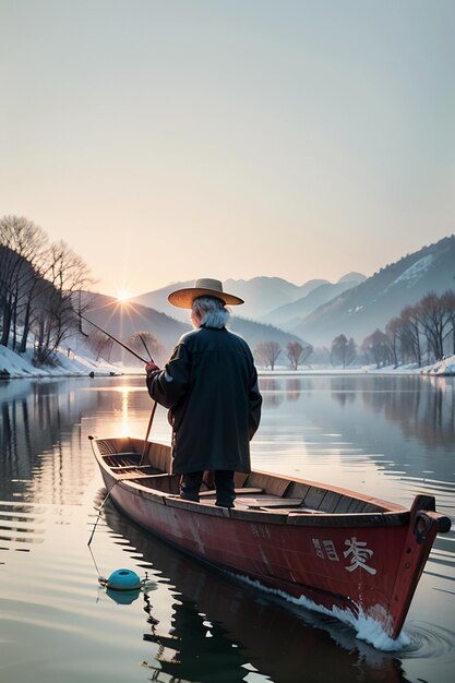 Hombre viejo pescando en un barco con casas árboles bosques y montañas cubiertas de nieve por el río