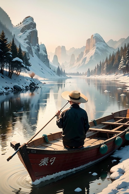 Hombre viejo pescando en un barco con casas árboles bosques y montañas cubiertas de nieve por el río