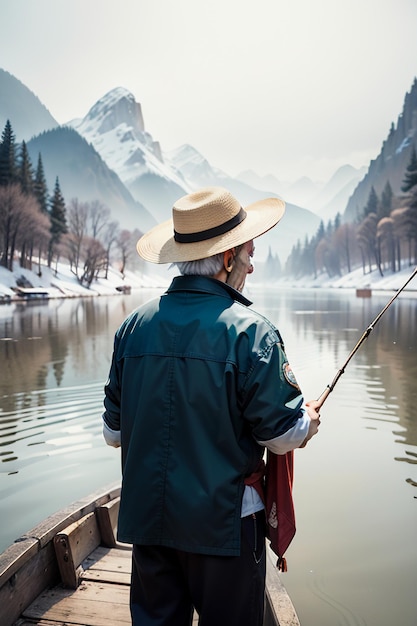 Hombre viejo pescando en un barco con casas árboles bosques y montañas cubiertas de nieve por el río