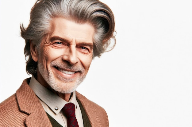 hombre viejo sonriendo con corte de pelo retro en un fondo blanco brillante