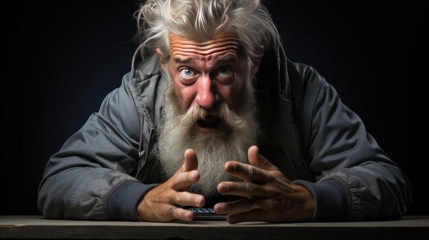 Hombre viejo sorprendido usando una tableta en un fondo oscuro