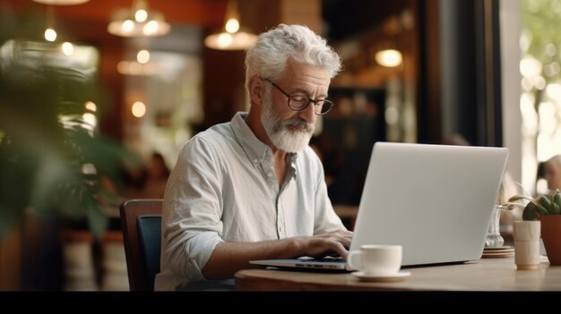 Hombre viejo trabajando en una computadora portátil en una cafetería en una mesa Hombre abuelo con gafas usando una computadora portable