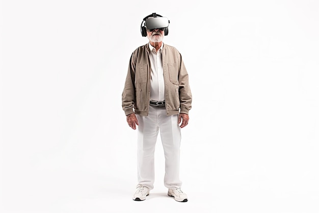 Hombre viejo usando auriculares de realidad virtual VR futuros aparatos tecnología educación en línea o concepto de videojuego Ilustración de IA generativa