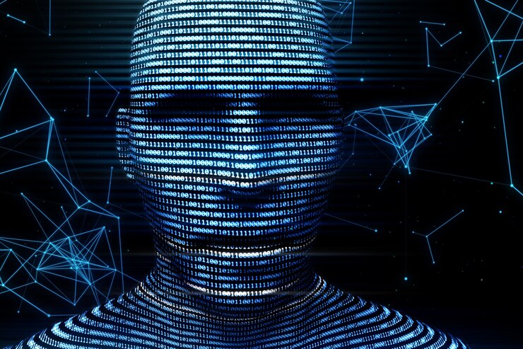 Foto un hombre virtual digital generado a partir de la ilustración 3d de código binario