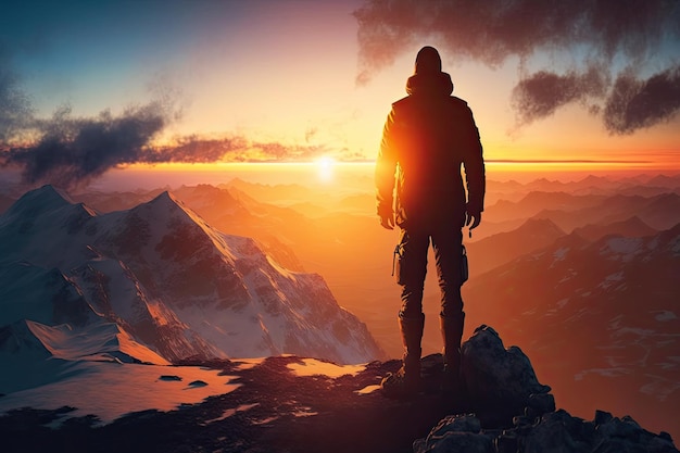 Foto hombre con vista al amanecer parado en la cima de la montaña