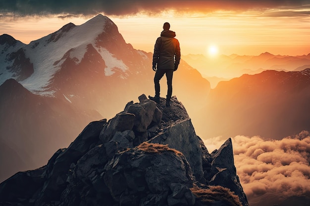 Hombre con vista al amanecer parado en la cima del pico de la montaña