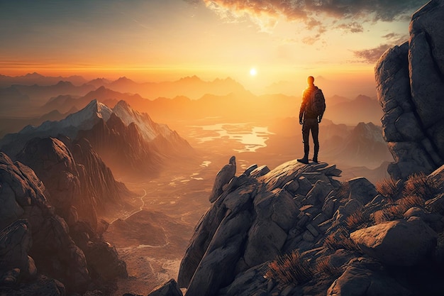 Hombre con vista del amanecer sobre la cordillera de pie en el pico rocoso