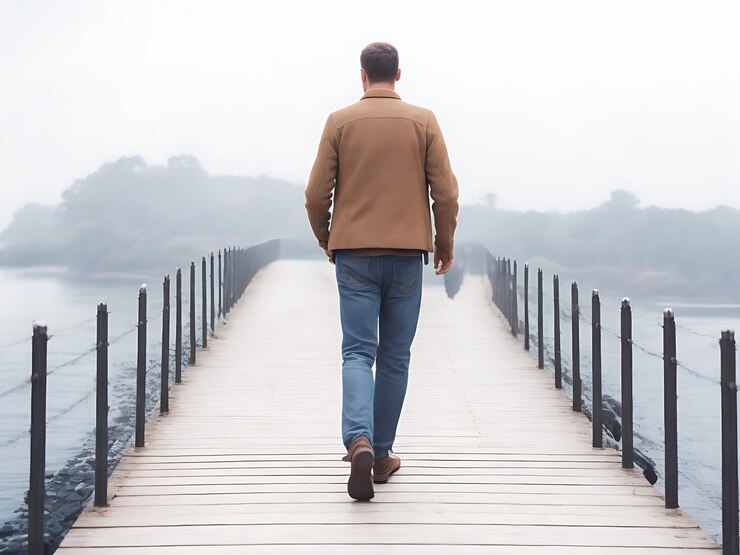 El hombre de la vista trasera en el puente