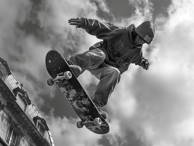 Hombre volando por el aire en patineta IA generativa