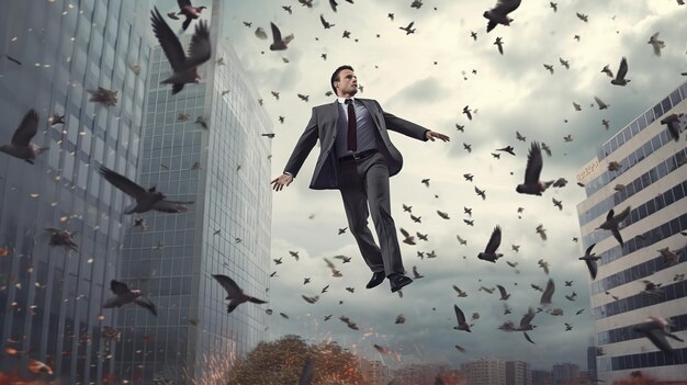 Un hombre volando en el cielo con una bandada de pájaros al fondo.