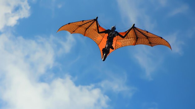 Foto un hombre está volando por el cielo en un traje de murciélago está vistiendo un traje negro y naranja con alas de murciénago