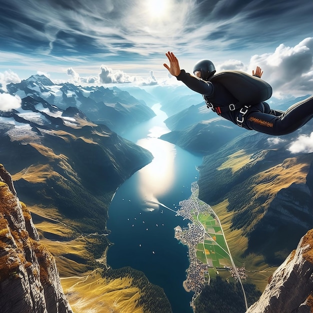 Foto un hombre está volando sobre un lago y montañas