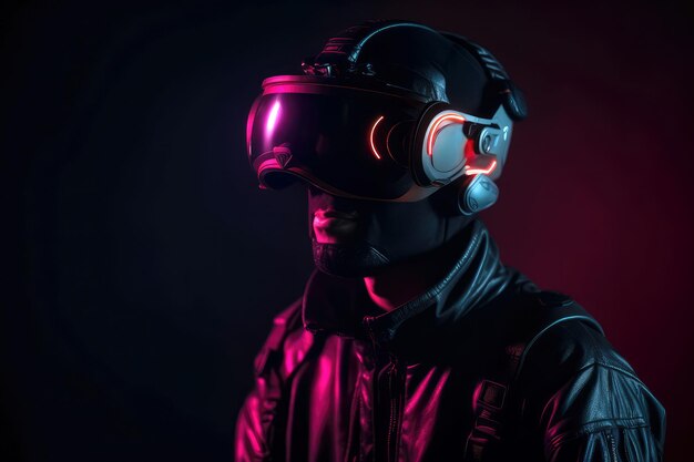 Un hombre con un vrhelmet en la cabeza observa el espacio de la realidad virtual sobre un fondo oscuro