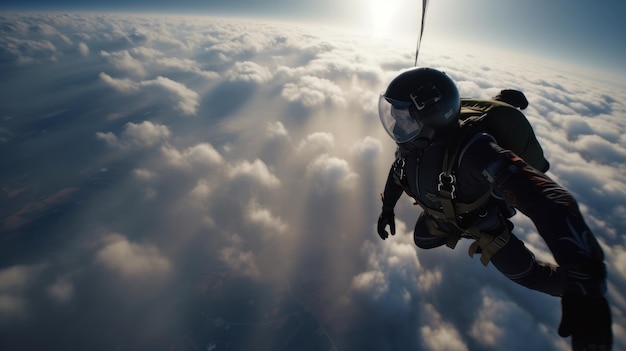 Un hombre vuela entre las nubes con un paracaídas.