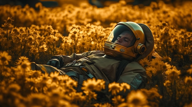Un hombre yace en un campo de flores con un fondo amarillo.