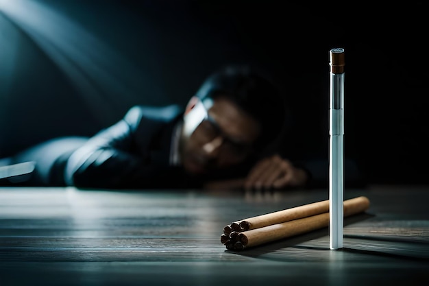 Un hombre yace sobre una mesa con un cigarrillo encima.
